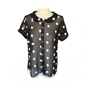 ModCloth Polyester Sheer Textured Button Up Shirt Polka Dot Black L Whimsigoth